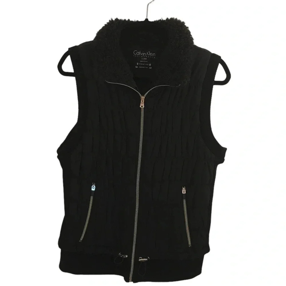 Calvin Klein Performance Sleeveless Faux Fur Collar Black Zip Vest - Picture 10 of 13
